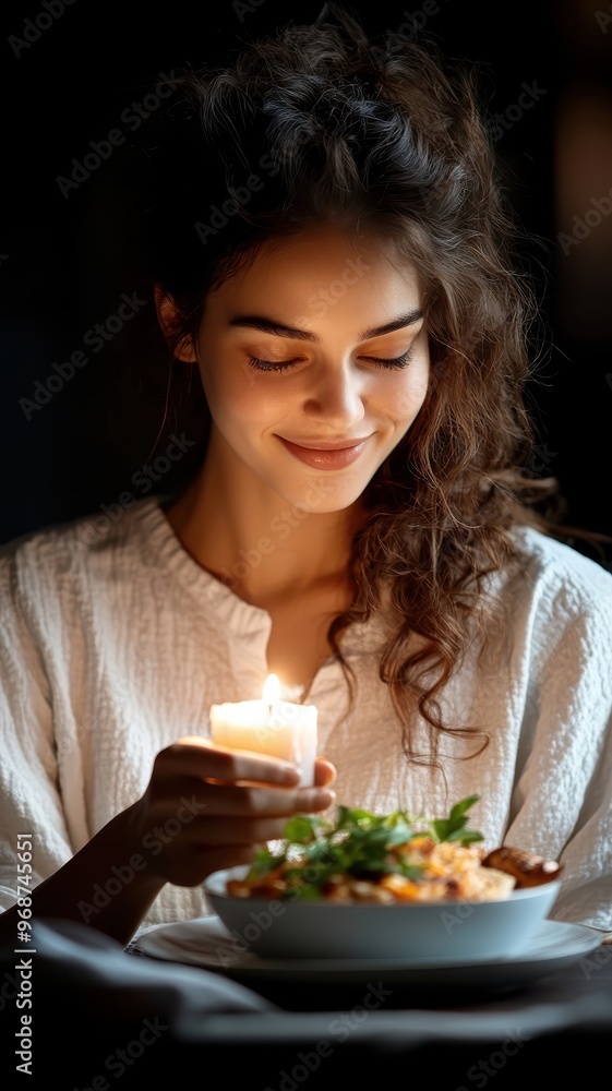 Woman enjoying healthy meal in chiaroscuro lighting. Woman enjoying healthy meal in chiaroscuro lighting.
