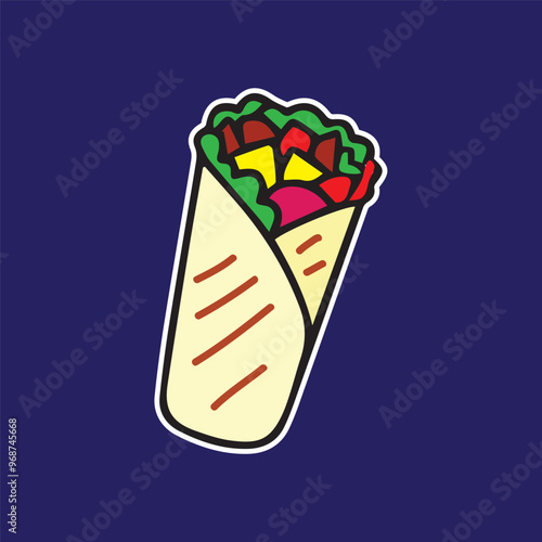 Cute wrap fast food egg roll tasty character sticker cartoon simple in dark background high quality vector for kids book children print