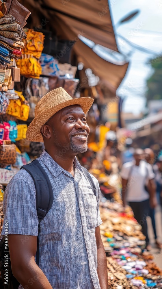 African men looking at traditional crafts and souvenirs in a bustling local market. African men looking at traditional crafts and souvenirs in a bustling local market.
