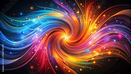 A mesmerizing swirl of vibrant, interconnected vectors in shades of orange, pink, yellow, and blue dance across a black background.