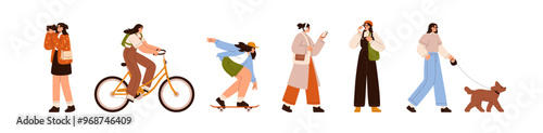 Women at outdoor leisure activities set. Daily life, routine, cycling, walking dog, strolling with headphones, skateboarding and photography. Flat vector illustration isolated on white background