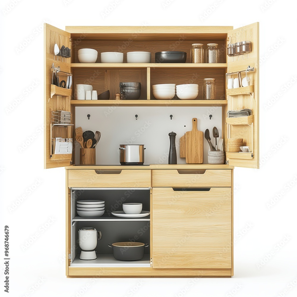 A wooden kitchen cabinet with open doors displaying various dishes and utensils. A wooden kitchen cabinet with open doors displaying various dishes and utensils.