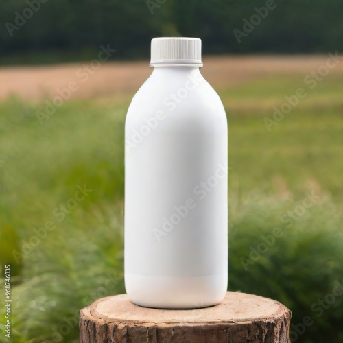 White Bottle mockup on podium with Nature Background..