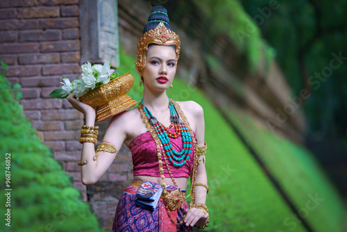 Beautiful young Asian woman in a traditional culture of The Dvaravati period dress costume in an ancient Chiang Mai, Thailand temple. photo