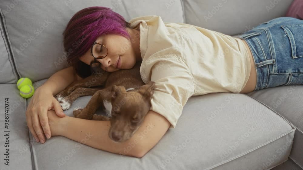 A young beautiful woman with purple hair and glasses sleeps on a gray sofa with her dog in a cozy living room. A young beautiful woman with purple hair and glasses sleeps on a gray sofa with her dog in a cozy living room.