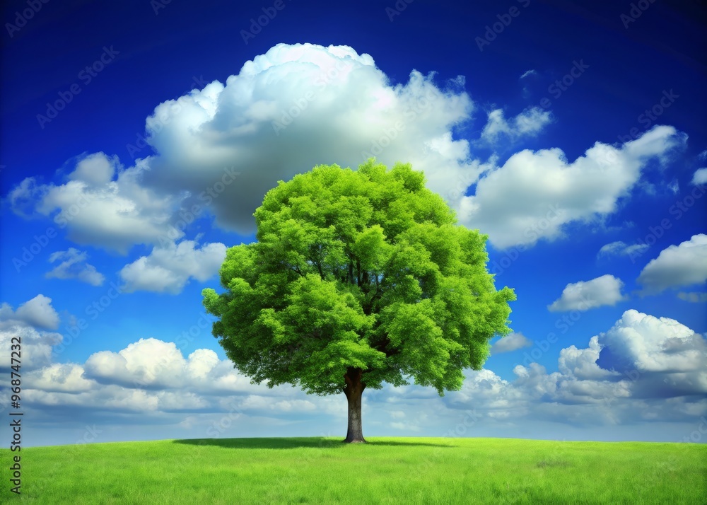 A vibrant green flat color tree standing alone against a bright blue sky with scattered fluffy white clouds. A vibrant green flat color tree standing alone against a bright blue sky with scattered fluffy white clouds.