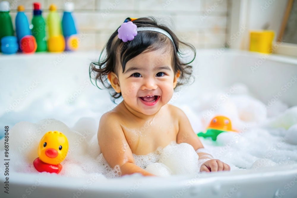 Portrait of a smiling little toddler in the bath, taking a bath with foam, toys and bubbles Portrait of a smiling little toddler in the bath, taking a bath with foam, toys and bubbles