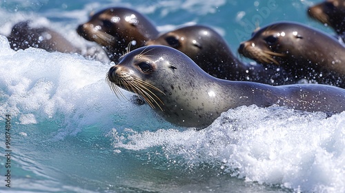 A group of California sea lions swim in the ocean, their heads breaking the surface of the water. photo