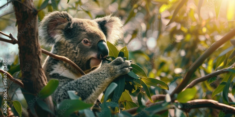 Obraz premium An Australian koala comfortably perched in a branch fork nibbling on fresh green leaves