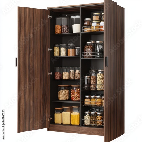 A wooden pantry filled with various jars and containers of food items for storage.