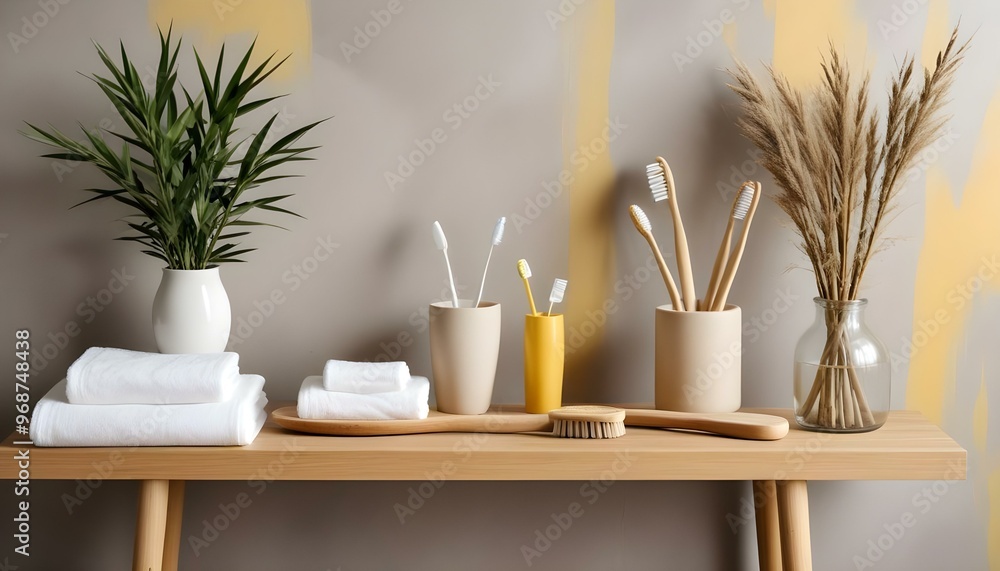 Eco toothbrushes. Bamboo toothbrushes cup, natural soap, plastic free ear sticks, wooden hair brush and white towels on gray stone background Eco toothbrushes. Bamboo toothbrushes cup, natural soap, plastic free ear sticks, wooden hair brush and white towels on gray stone background