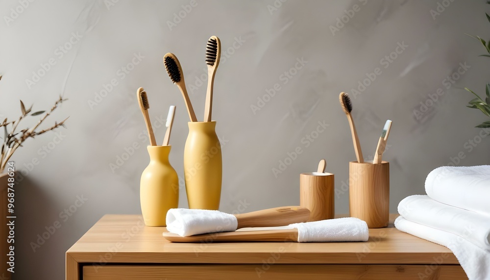 Eco toothbrushes. Bamboo toothbrushes cup, natural soap, plastic free ear sticks, wooden hair brush and white towels on gray stone background Eco toothbrushes. Bamboo toothbrushes cup, natural soap, plastic free ear sticks, wooden hair brush and white towels on gray stone background
