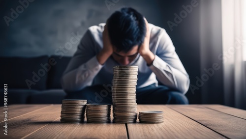 Desperate Man with Stacks of Coins on Table photo