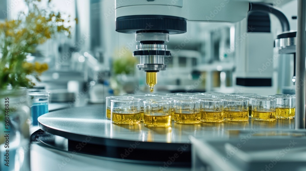 Advanced machinery in action extracting natural oils from plants with scientific accuracy and clarity in a sleek and professional lab Advanced machinery in action extracting natural oils from plants with scientific accuracy and clarity in a sleek and professional lab