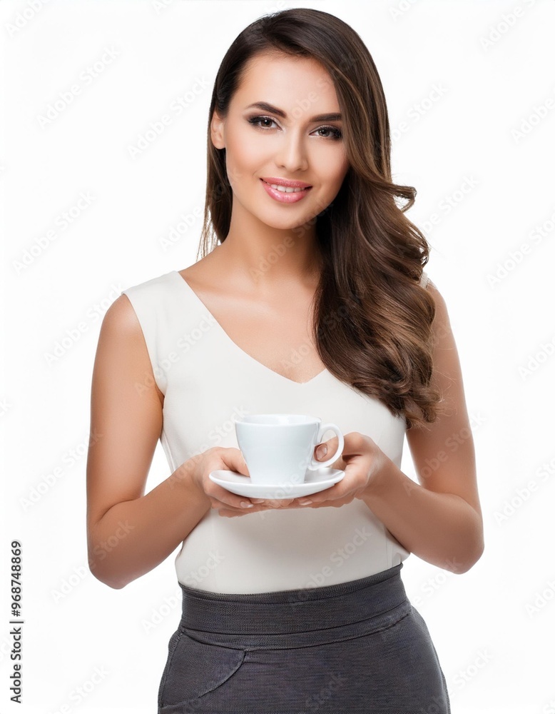 Beautiful Woman Holding Coffee Cup Isolated on White Background Beautiful Woman Holding Coffee Cup Isolated on White Background