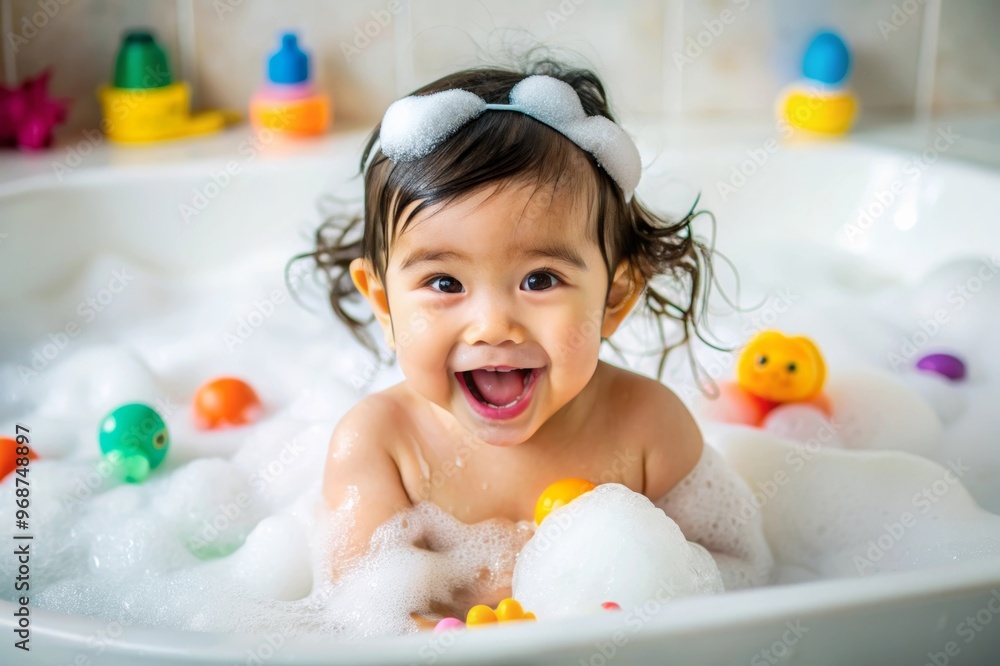 Portrait of a smiling little toddler in the bath, taking a bath with foam, toys and bubbles Portrait of a smiling little toddler in the bath, taking a bath with foam, toys and bubbles