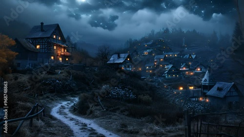 Nighttime Village in the Hills