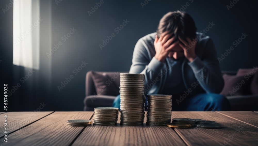 Obraz premium Man in Despair with Coins Stacke on a Table
