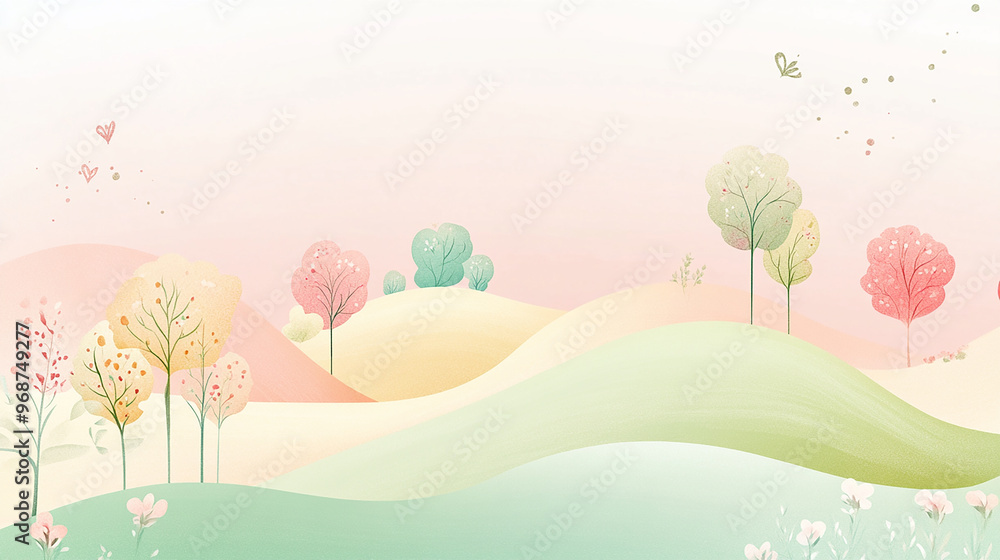A whimsical illustration of rolling hills with trees and flowers, rendered in soft pastel colors. A whimsical illustration of rolling hills with trees and flowers, rendered in soft pastel colors.