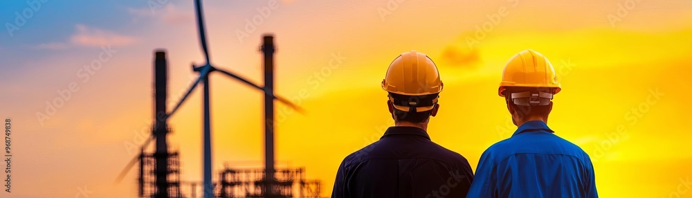 Engineers maintaining wind turbines at sunset, dramatic sky colors, renewable energy careers, sustainable workforce, green job opportunities Engineers maintaining wind turbines at sunset, dramatic sky colors, renewable energy careers, sustainable workforce, green job opportunities
