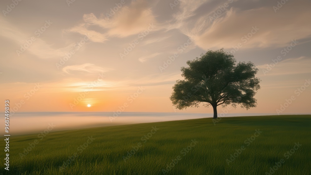 Sle Tree in Grass Fiel at Sunrise with Fog an Clouy Sky Sle Tree in Grass Fiel at Sunrise with Fog an Clouy Sky
