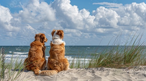 Fototapeta Naklejka Na Ścianę i Meble -  On the coast, two dogs sit on the sand and grass, looking at the beautiful sea and sky, highlighting the perfect summer vacation moment.