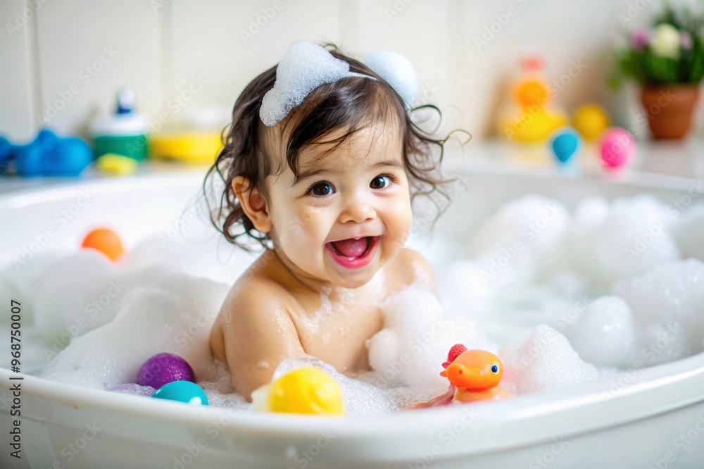Portrait of a smiling little toddler in the bath, taking a bath with foam, toys and bubbles Portrait of a smiling little toddler in the bath, taking a bath with foam, toys and bubbles