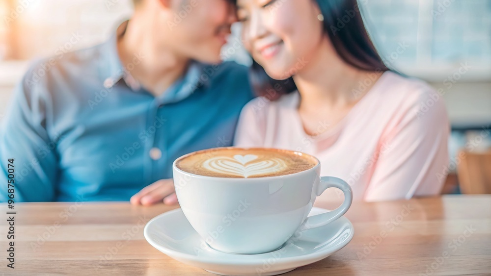 Romantic couple enjoying coffee together with a latte in focus.. Romantic couple enjoying coffee together with a latte in focus..