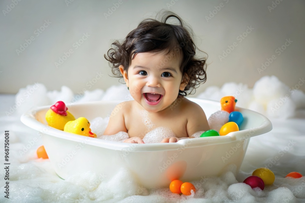 Portrait of a smiling little toddler in the bath, taking a bath with foam, toys and bubbles Portrait of a smiling little toddler in the bath, taking a bath with foam, toys and bubbles