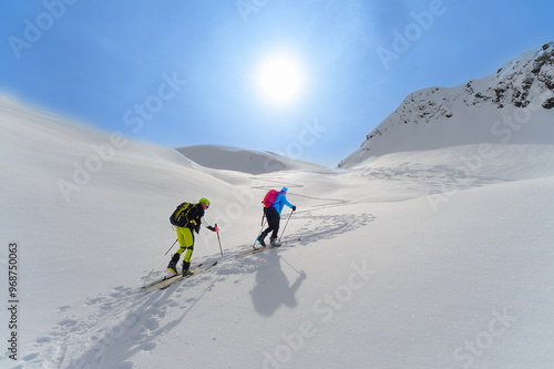 Obraz na plátně Walk in the mountains with sealskin and ski mountaineering