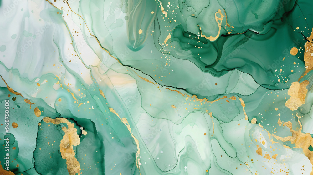 An abstract painting showcasing flowing green hues with golden accents, creating a sense of movement and elegance. An abstract painting showcasing flowing green hues with golden accents, creating a sense of movement and elegance.