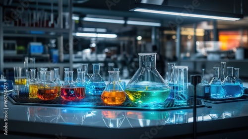 Modern laboratory with chemical solutions in glass containers displaying complex reactions and vibrant colors under precise lighting