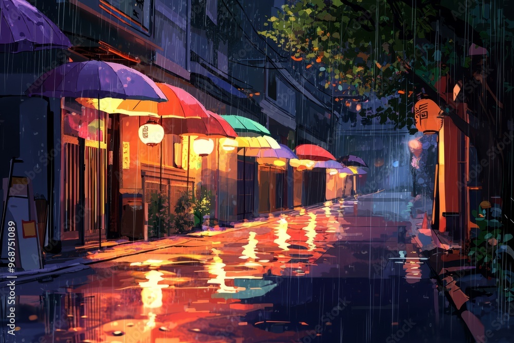 Naklejka premium A Cozy, Rainy Street Scene With Colorful Umbrellas And Warm, Diffused Light From Nearby Buildings Creating A Peaceful Ambiance, Generative AI