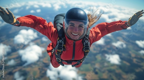 Woman skydiving in a red suit, spreading her arms wide while enjoying the thrill of free-falling through the sky, capturing the essence of freedom and adventure