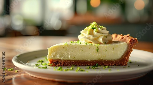 A delectable slice of cheesy pie served on a plate with green herbs and garnish, photo