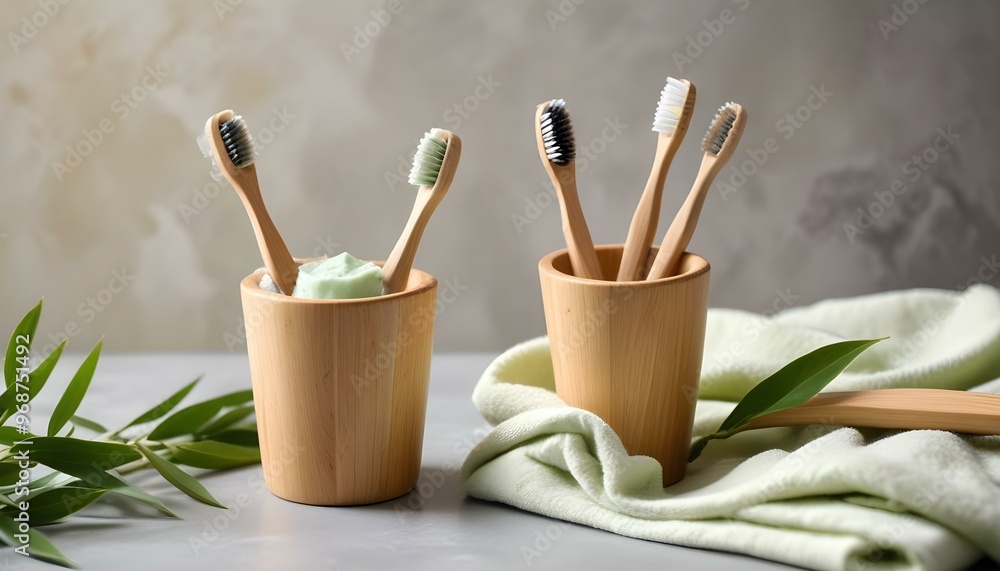 Eco toothbrushes. Bamboo toothbrushes cup, natural soap, plastic free ear sticks, wooden hair brush and white towels on gray stone background Eco toothbrushes. Bamboo toothbrushes cup, natural soap, plastic free ear sticks, wooden hair brush and white towels on gray stone background