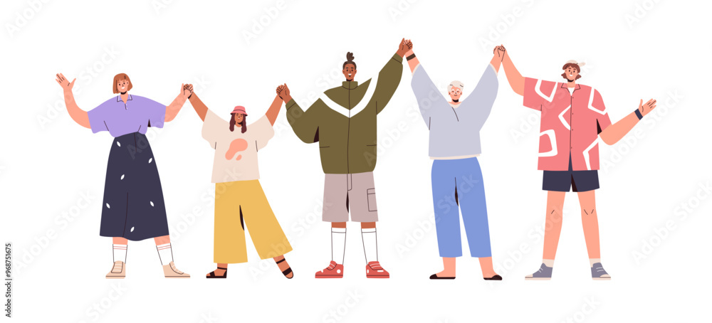 Obraz premium Happy people group standing together, holding hands, bonding with arms raised up in unity. Diverse characters, community. Togetherness concept. Flat vector illustration isolated on white background