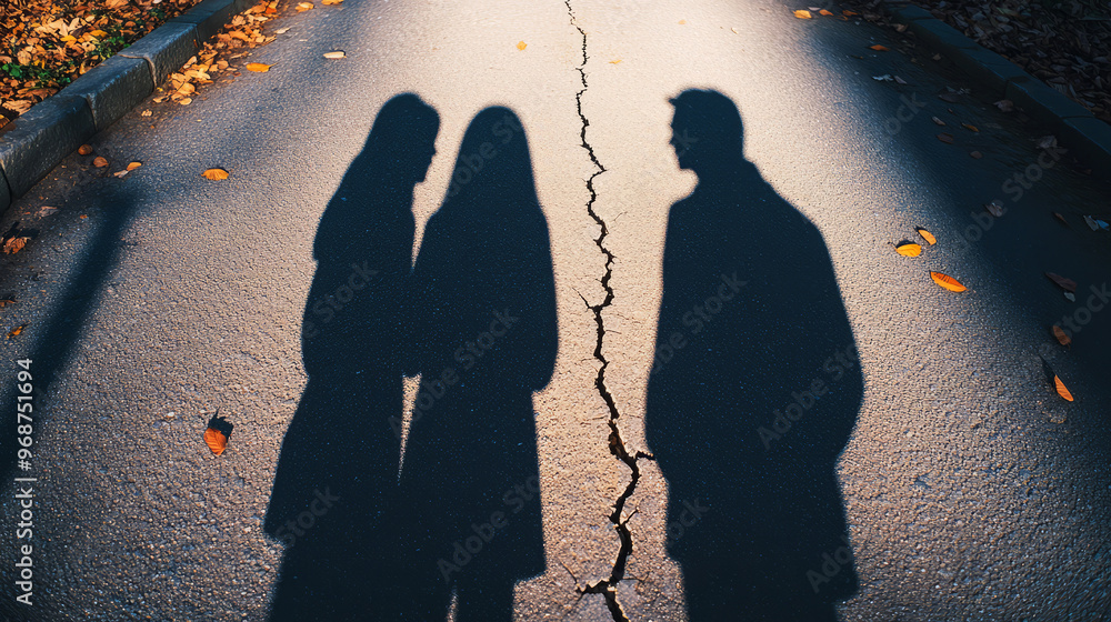 Silhouettes Of Two People Standing Apart On A Cracked Road With Autumn ...