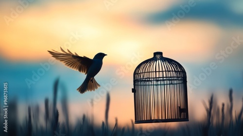 Freedom Concept: Bird Flying Away From A Cage At Sunset photo