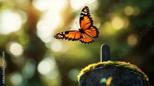 Monarch Butterfly Soaring Over Gravestone In Sunlight photo