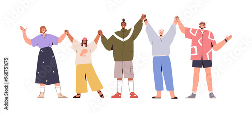 Happy people group standing together, holding hands, bonding with arms raised up in unity. Diverse characters, community. Togetherness concept. Flat vector illustration isolated on white background