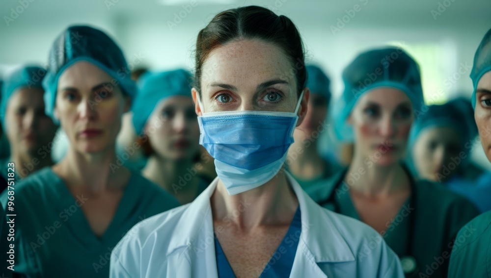 Group of female doctors medical staff workers wearing scrubs and surgical caps. Healthcare, teamwork and portrait of doctors with crossed arms for medical care, wellness and support. Group of female doctors medical staff workers wearing scrubs and surgical caps. Healthcare, teamwork and portrait of doctors with crossed arms for medical care, wellness and support.