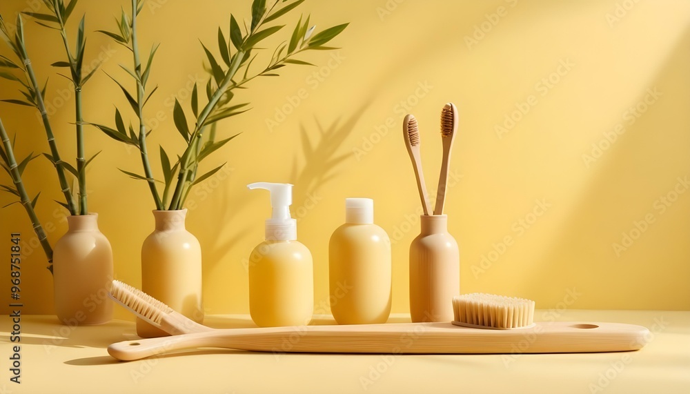 Eco toothbrushes. Bamboo toothbrushes cup, natural soap, plastic free ear sticks, wooden hair brush and white towels on gray stone background Eco toothbrushes. Bamboo toothbrushes cup, natural soap, plastic free ear sticks, wooden hair brush and white towels on gray stone background