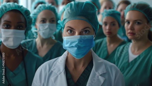 Group of female doctors medical staff workers wearing scrubs and surgical caps. Healthcare, teamwork and portrait of doctors with crossed arms for medical care, wellness and support.