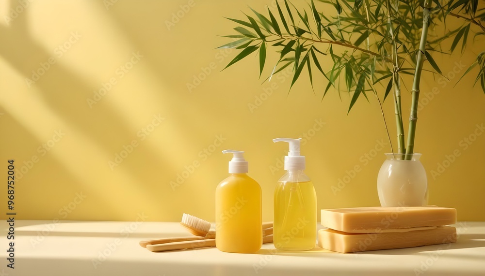 Eco toothbrushes. Bamboo toothbrushes cup, natural soap, plastic free ear sticks, wooden hair brush and white towels on gray stone background Eco toothbrushes. Bamboo toothbrushes cup, natural soap, plastic free ear sticks, wooden hair brush and white towels on gray stone background