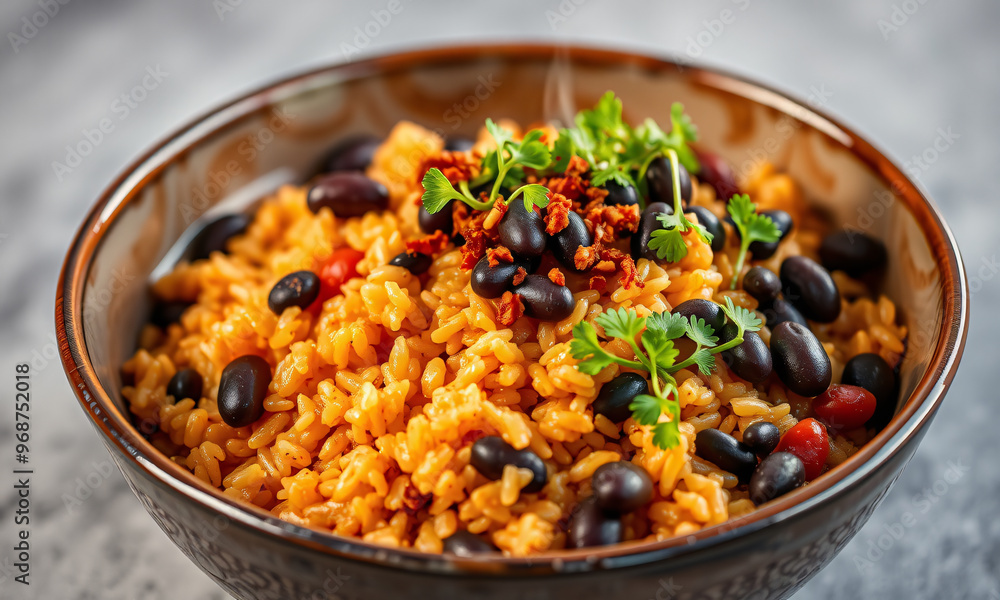 A gourmet rice and beans dish served in a stylish ceramic bowl A gourmet rice and beans dish served in a stylish ceramic bowl