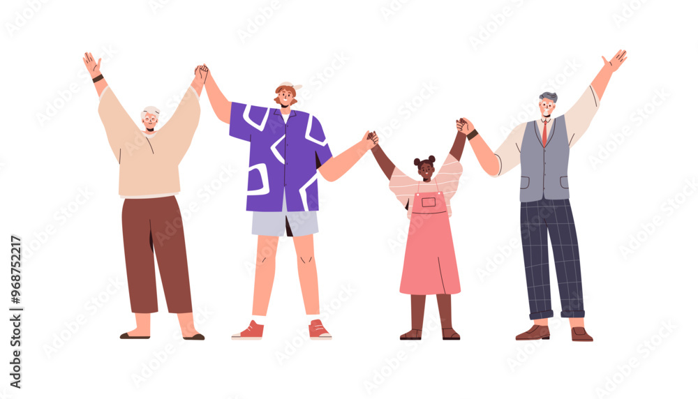 Obraz premium Happy people holding hands, arms up together. Diverse old and young characters, united group in connection, celebrating. Togetherness concept. Flat vector illustration isolated on white background