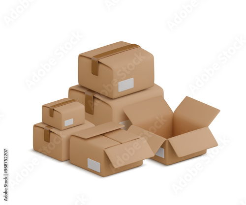 Vector cartoon 3d boxes pile illustration. Cute stack of opened and closed cardboard packages with shadow on white. Realistic 3d warehouse packaging, relocation, parcel transportation, storage concept
