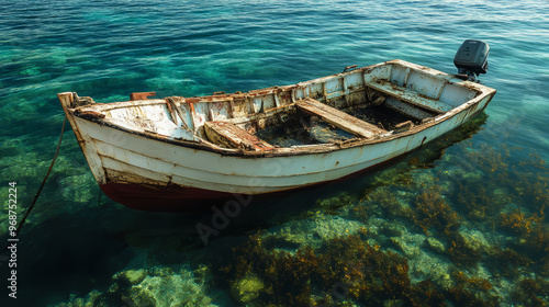 Old Wooden Boat Anchored In Clear Blue Water With Seaweed