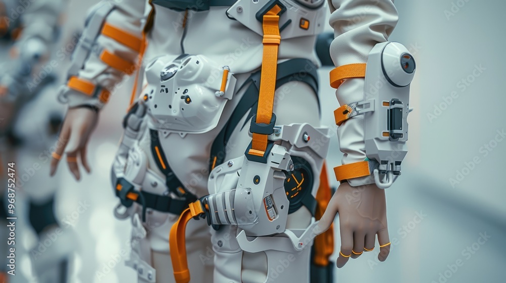 A close-up view of a patient wearing a robotic exoskeleton, showcasing the intricate metal joints and controls, with a focus on the advanced technology and detailed design. A close-up view of a patient wearing a robotic exoskeleton, showcasing the intricate metal joints and controls, with a focus on the advanced technology and detailed design.